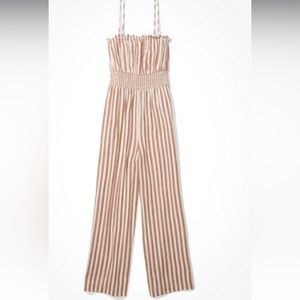 American Eagle Striped Smocked Jumpsuit in Rust
